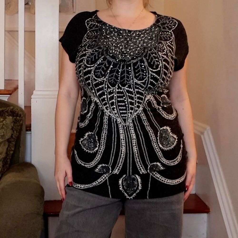 Aryeh Gray Knit Short Sleeve Top Medium Rhinestone Tattoo Rockstar Grunge Indie